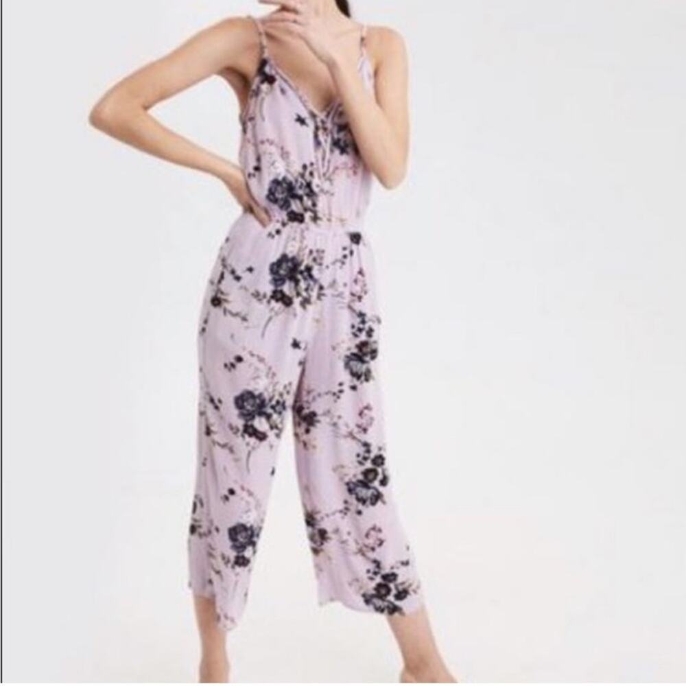 American Eagle Lavender Floral Sleeveless Wide Leg Jumpsuit Size S